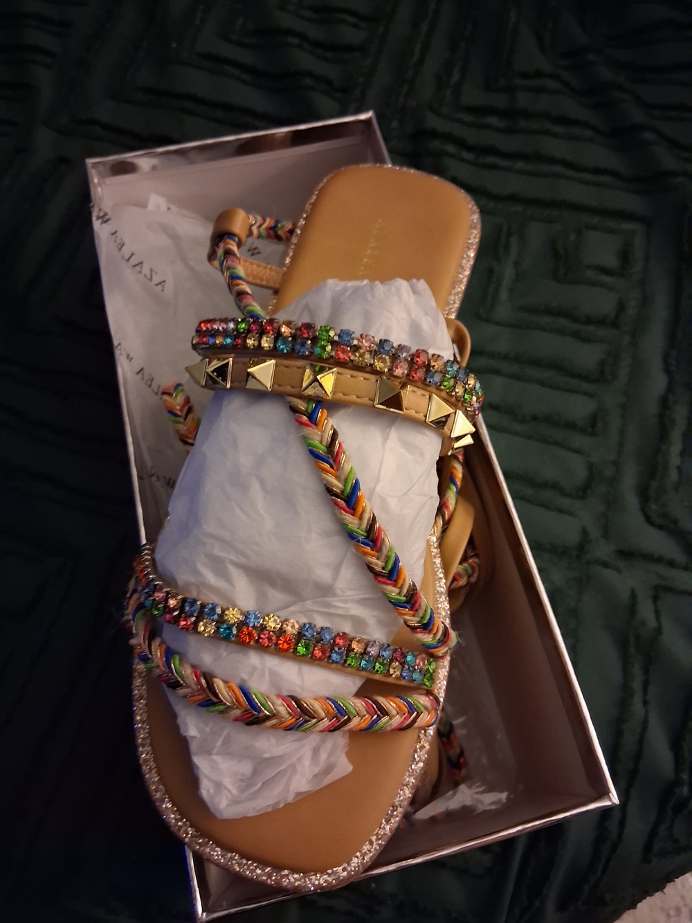 AKIRA Gold Multicolor Braided Gemstone Wrap Sandals